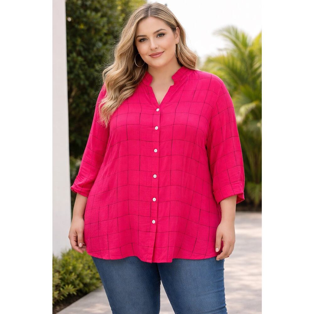 John Mark Pink Plaid Button Front Tunic Shirt READ Boho Lagenlook Womens Plus 2x